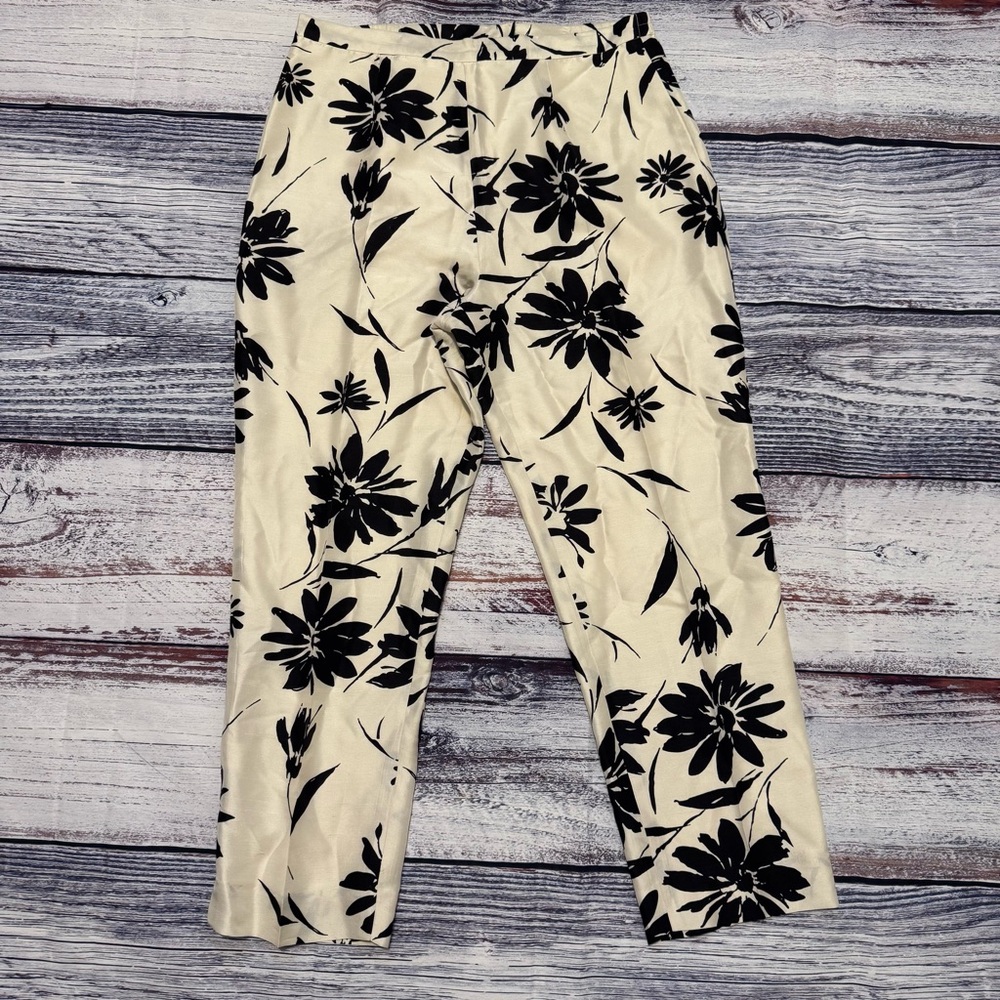 Vintage 100% Silk Floral Pants | Black & Ivory | Women’s 12P Petite